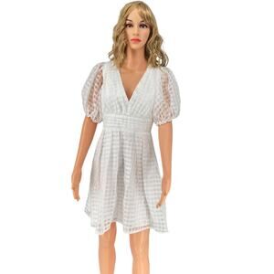 Lulus White Gingham Puff Sleeve Dress Large Cottagecore V-Neck Open Back Bow